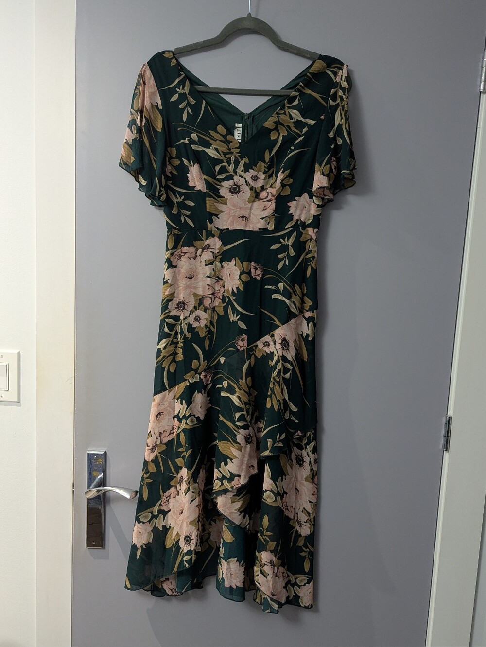 JJ's House Hiliana Hunter Green Floral Chiffon Midi Dress Size S Wedding Guest - Picture 3 of 9